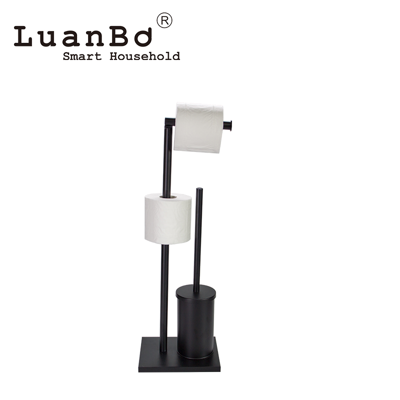 Free Standing User-Friendly Design Black Roll Tissue Paper Holder With Toilet Brush Set For Bathroom