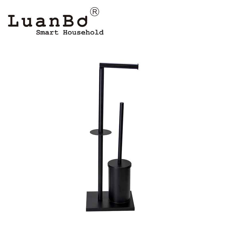 Free Standing User-Friendly Design Black Roll Tissue Paper Holder With Toilet Brush Set For Bathroom