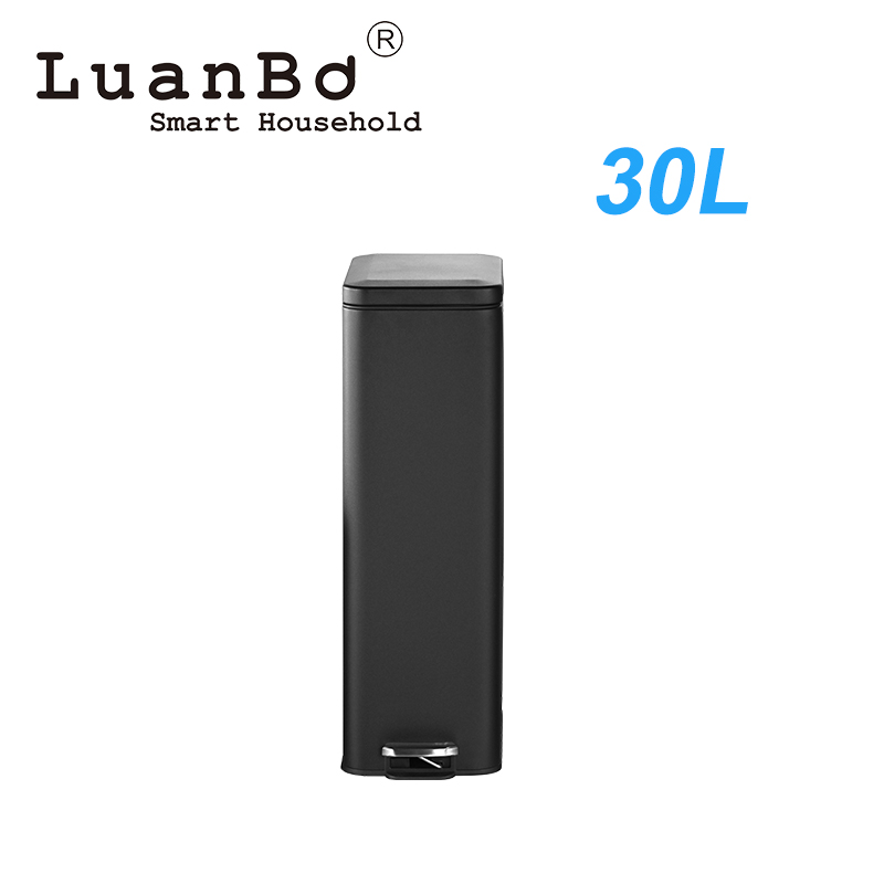 Retangular 30L Slim Design Black Pedal Bin with Soft Close Stay Open Lid Trash Can