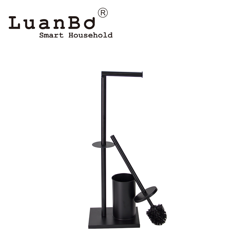 Free Standing User-Friendly Design Black Roll Tissue Paper Holder With Toilet Brush Set For Bathroom